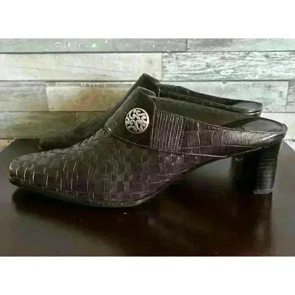 Brighton Tryst Women's 9.5 M Brown Leather Slip-On Woven Slide Heels Mules - Picture 4 of 12
